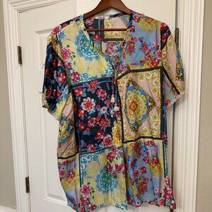 Johnny Was 100% Silk Shirt Floral Print, Size XL